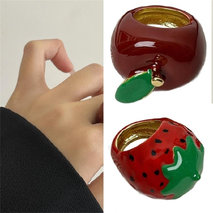 Elegant Enamel Dripping Oil Strawberry/Apples Ring Fashion Handmade Finger Accessory Party Wear Ring Festival Jewelry