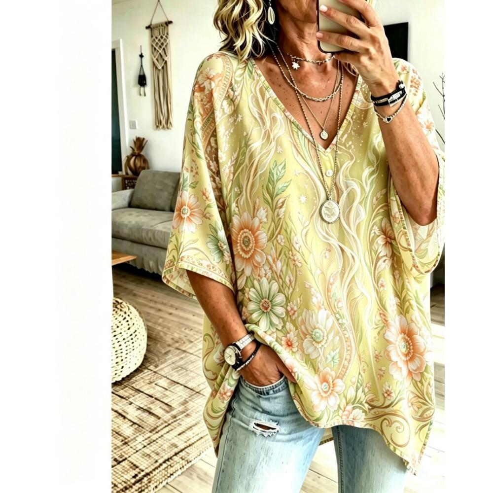 Women's Boho Paisley Floral Print Oversized V-Neck Pullover, Dolman Sleeve Short Sleeve Loose T-Shirt