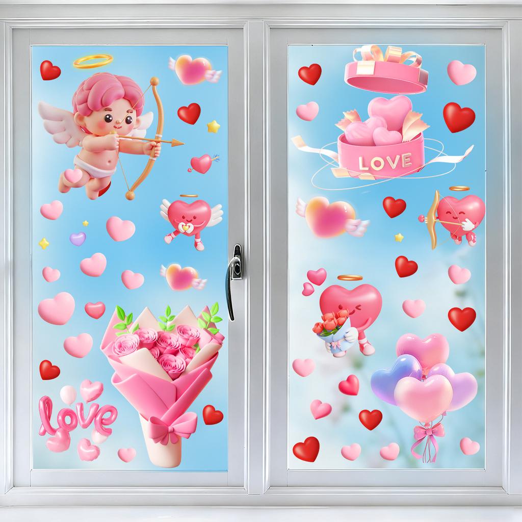 Valentinstag Herzförmiger Blumenengel Schlafzimmer Wohnzimmer Balkon Festliche Dekorationen Glas Statisch haftende Aufkleber