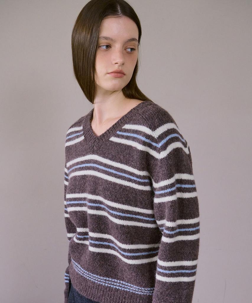 AHWE Alpaca Striped V-Neck Knit_Brown