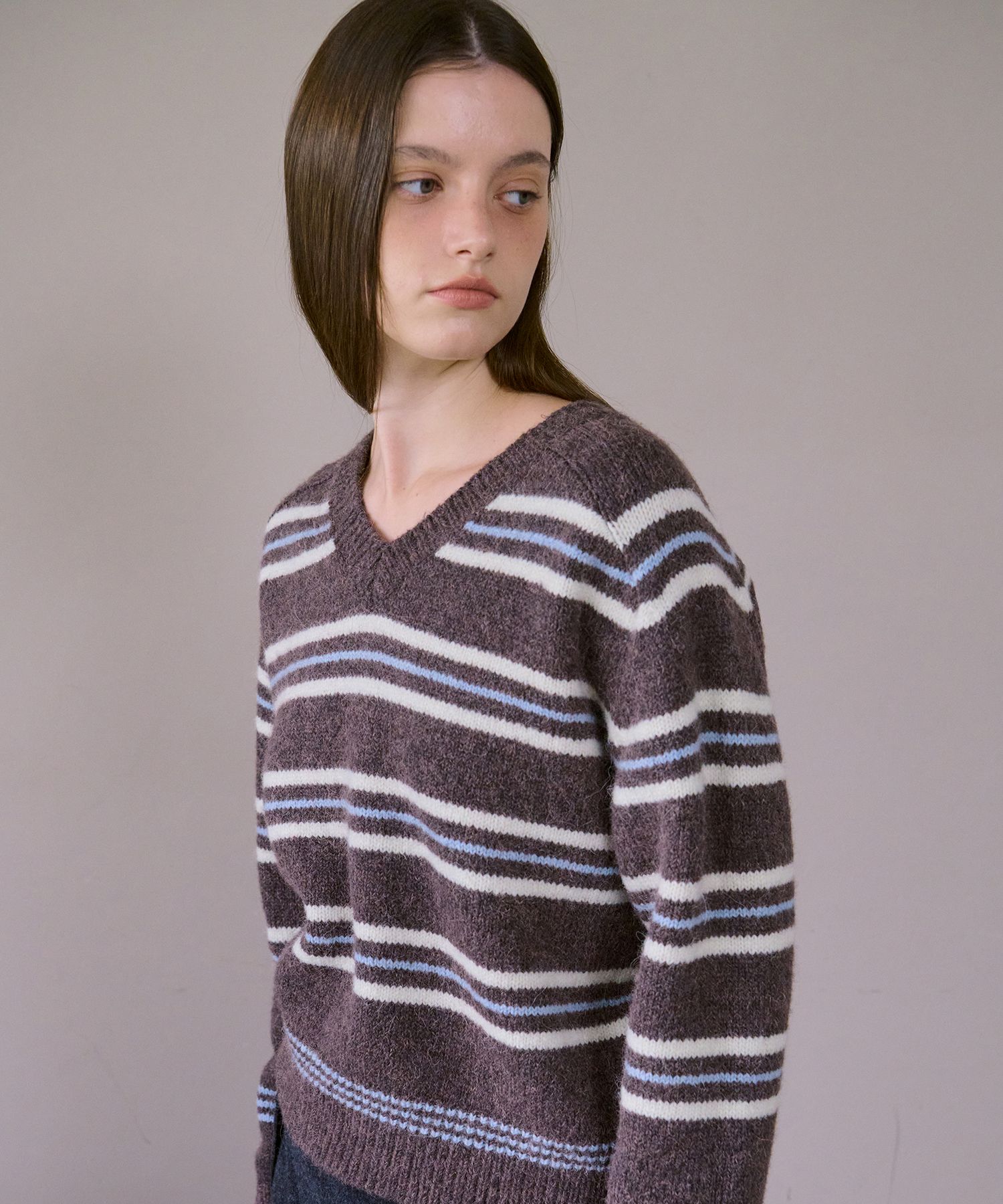 Awi Alpaca Striped V-Neck Knit_Brown Brown/Ff