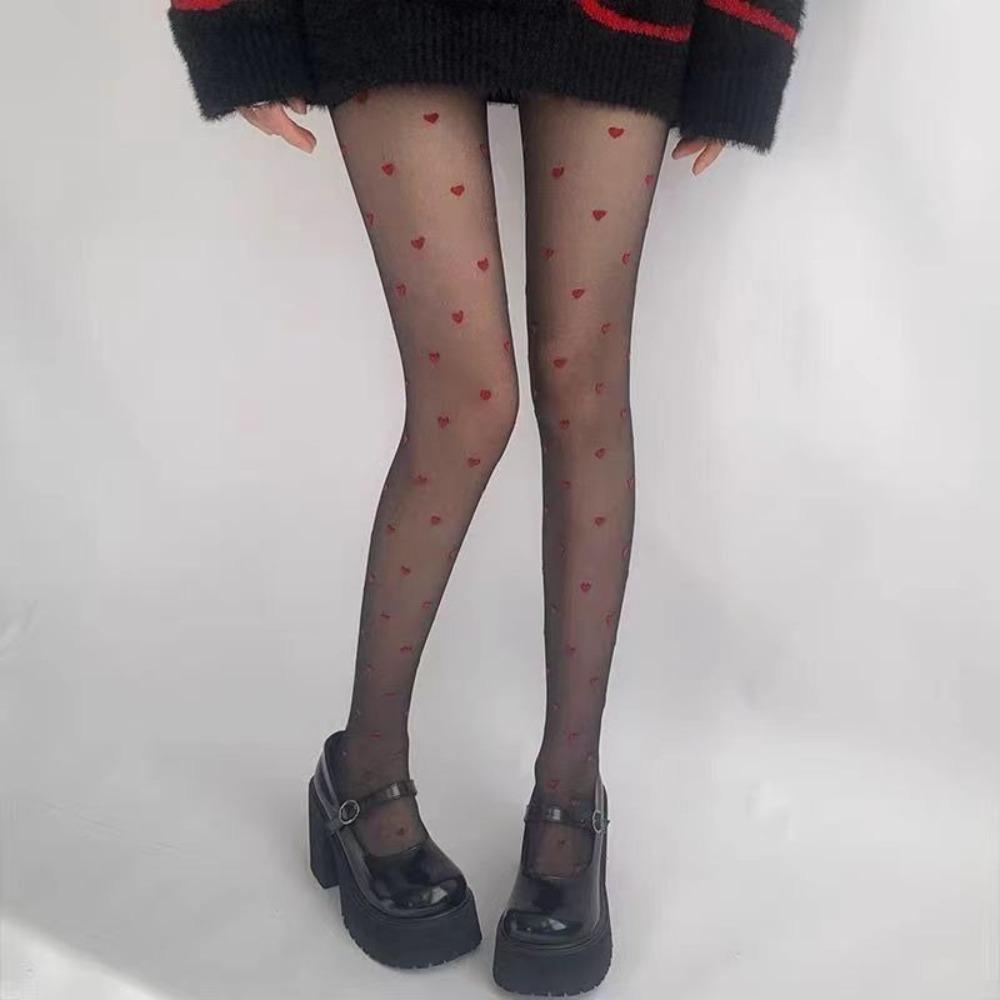 Christmas Gifts Female Alluring Hosiery Red Heart Print Pantyhose Exquisite Silk Stockings