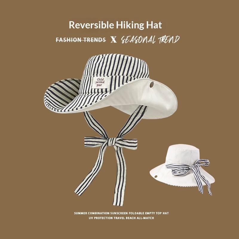

1pc Korean Version Ins Sun Hats for Women Summer Travel Sunscreen Retro Striped Big Brim Versatile Strap Bucket Hats for Travel Adjustable чёрный