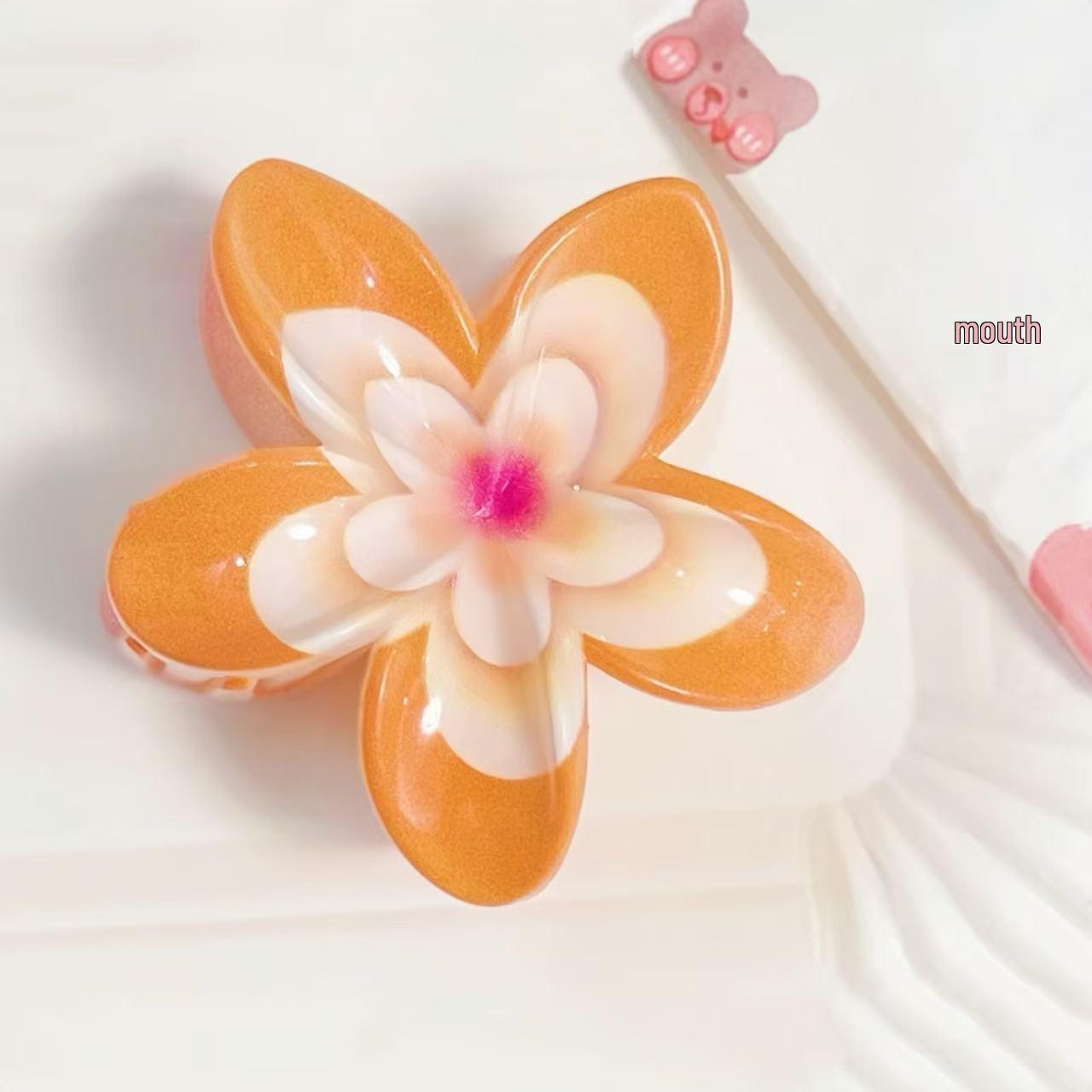 Korean Dopamine Plumeria Flower Claw Clip – Fresh, Sweet Marble Pattern Acrylic Hair Accessory