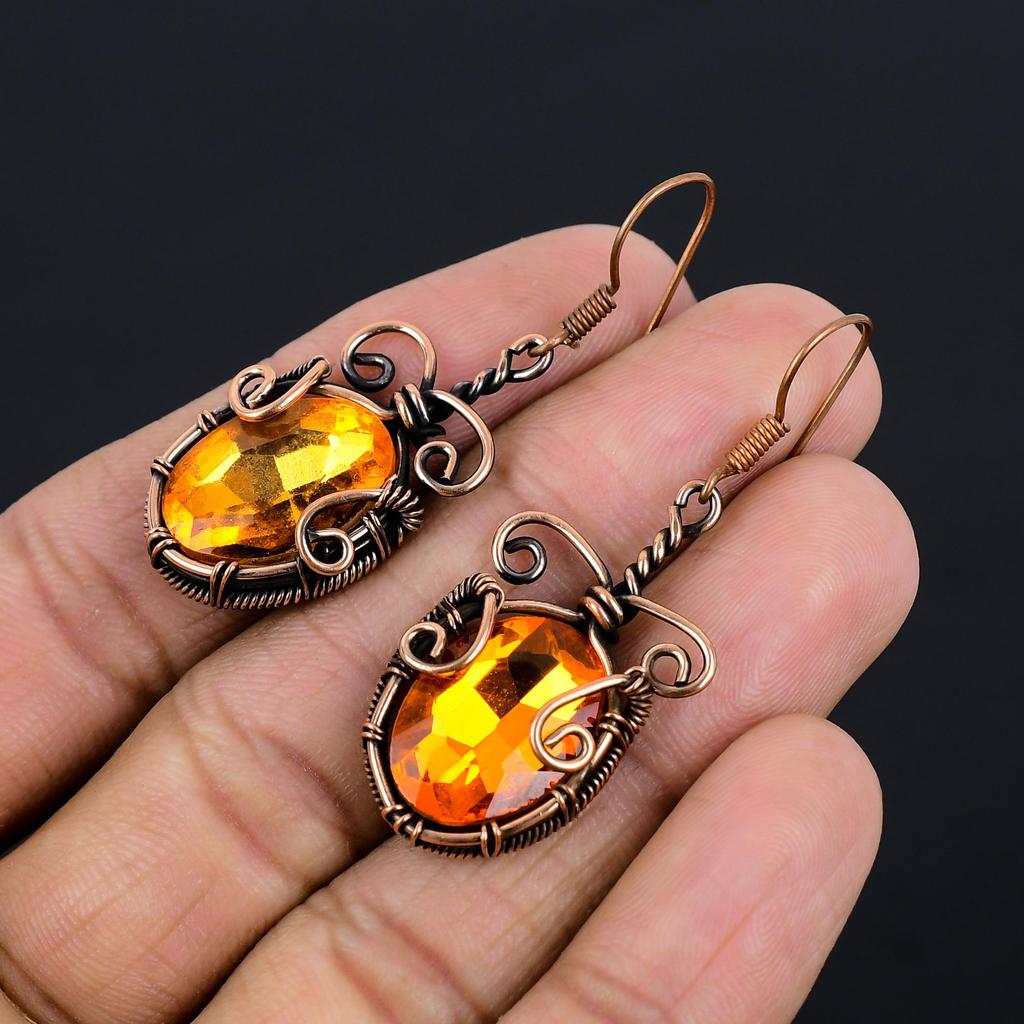 Citrin Ohrringe, 999 Kupferdraht umwickelter Edelsteinschmuck, Handgefertigte Ohrringe, Für Thanksgiving