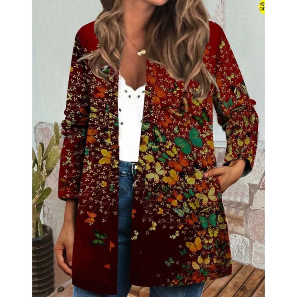 GMXIA Autumn and Winter Vintage Ethnic Style Printed Long Sleeve Hoodie Outside Cardigan Coat for Women