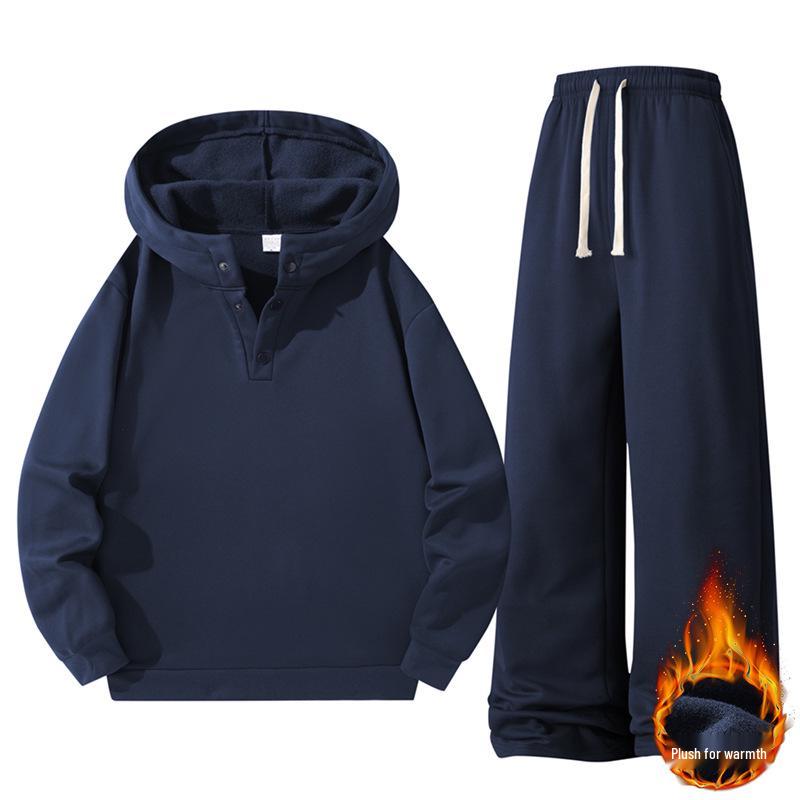 Unisex Casual Velvet Hoodie & Sweatpants Set - Solid Colors