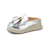 Straw thick-soled silver bag head cool slippers for women's summer wear 2025 new leaf decorative muffin bottom half slippers for women