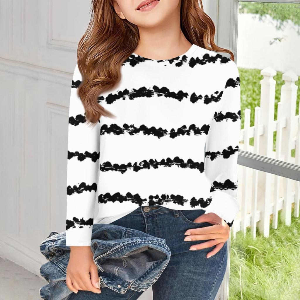 New Loose Round Neck Long Sleeve Tie Dye Striped Style Children T-Shirt Autumn Plus Size Female Fashion Casual Tee Top Clothing