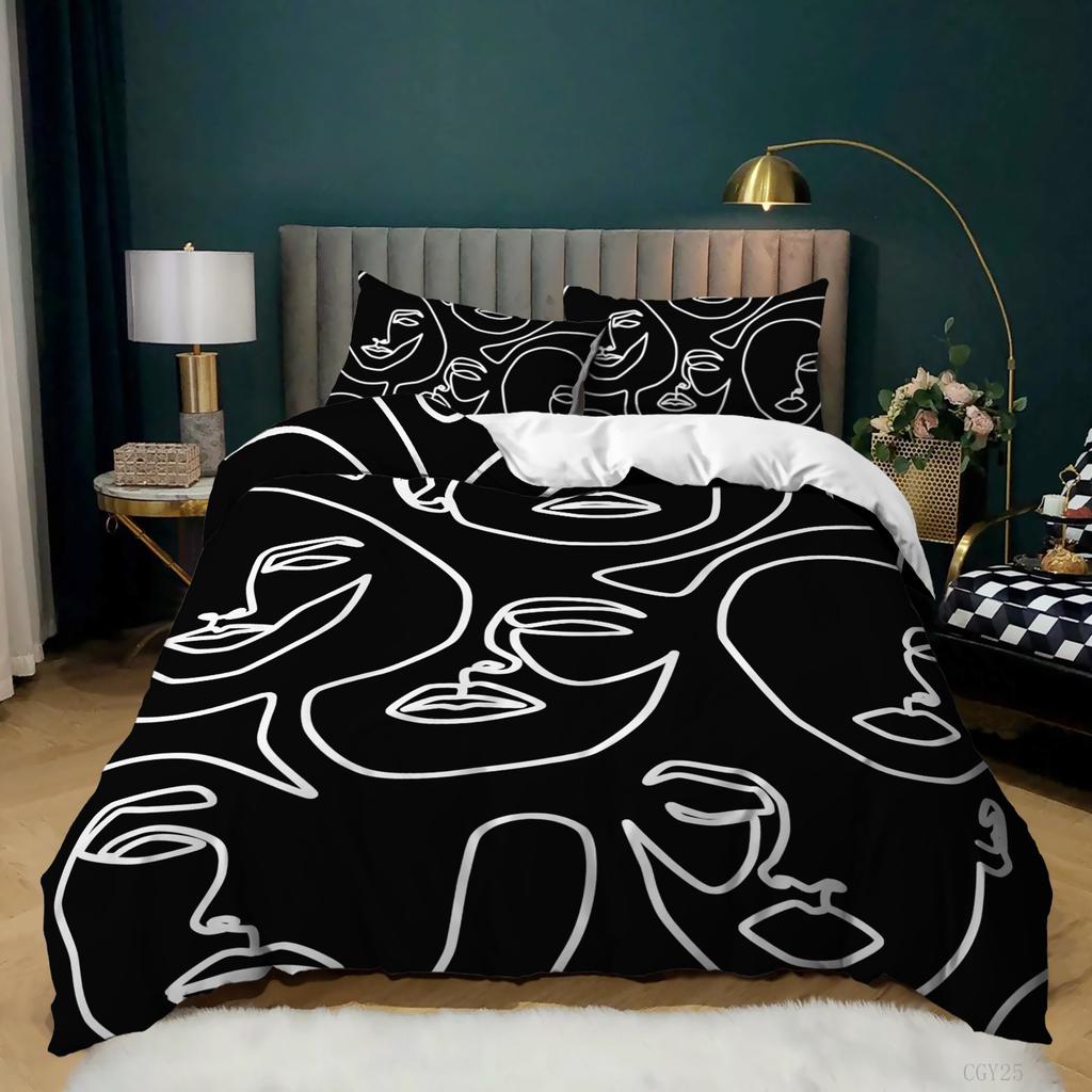 Black And White Simple Bedding Kit Digital Printing Quilt Cover Pillowcase Three-Piece Set