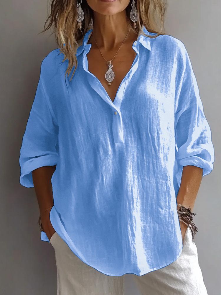 Spring and Summer New Style Solid Color Comfortable Loose Large-Sized V-Neck Long-Sleeve Women's Shirt