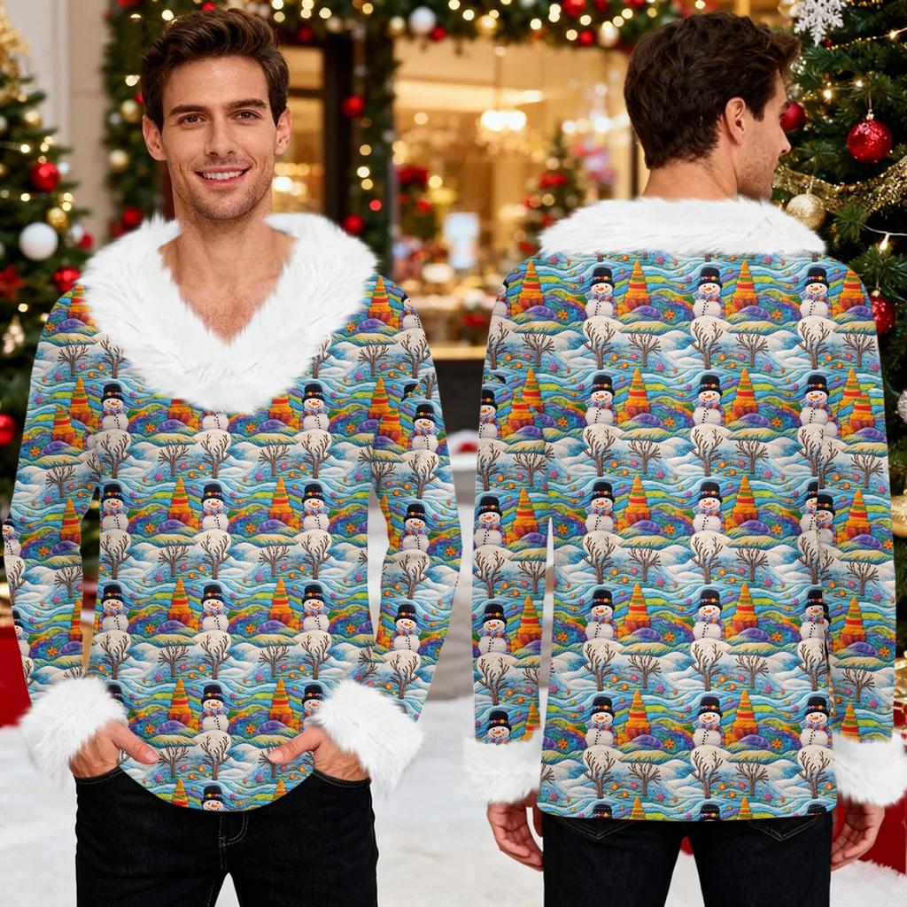 Męska bluza z kapturem z nadrukiem świątecznym, podszyta polarem | Sweter imprezowy z imitacją obszycia i kieszenią | Duży rozmiar, luźny krój, świąteczny pulower