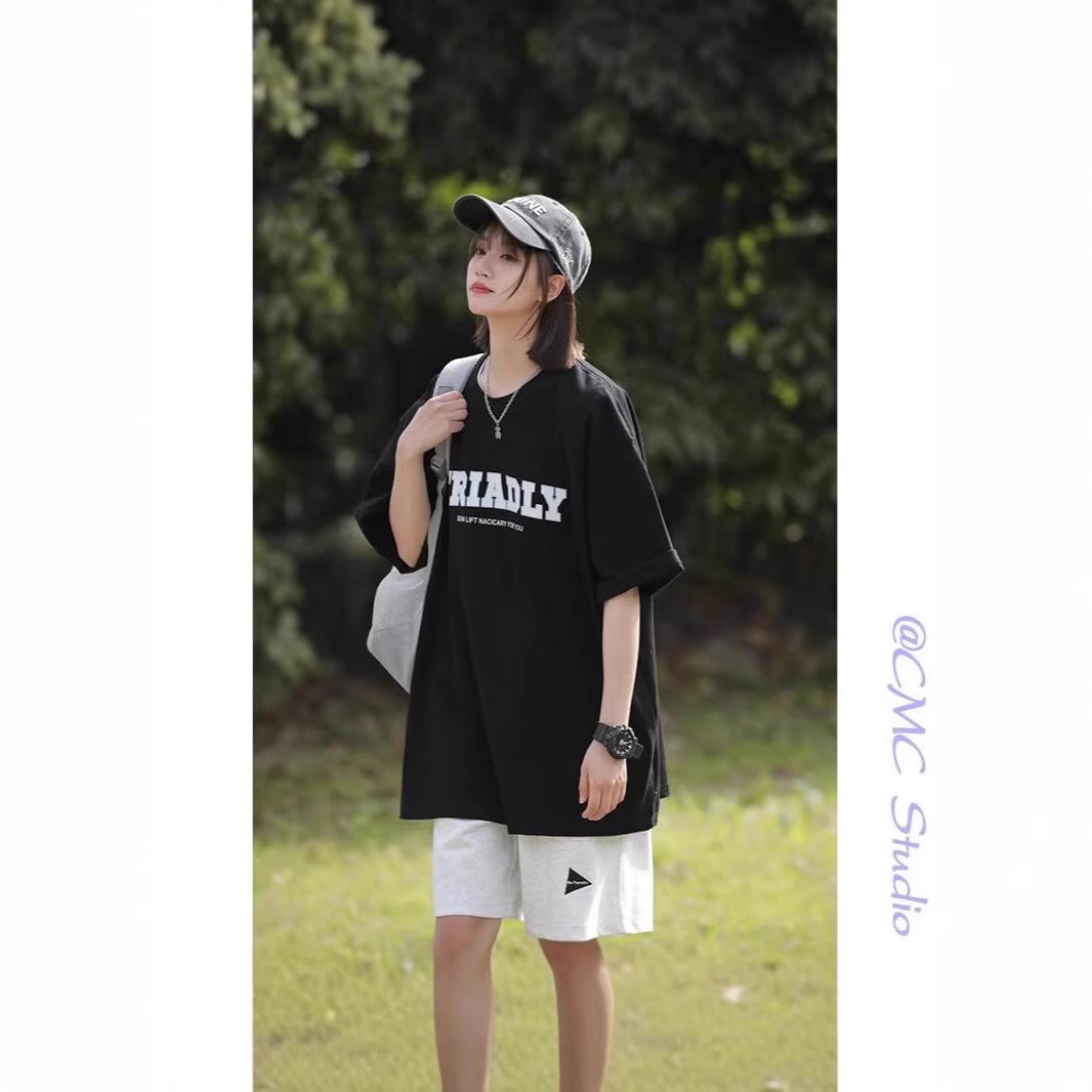 

2025 Summer Japanese Loose Heavyweight Letter T-shirt - Casual Five-Sleeve Trendy Design XXL чёрный