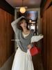 Two-Piece Knitwear: Versatile Korean Long Sleeve Color Block T-Shirt for Early Autumn Women
