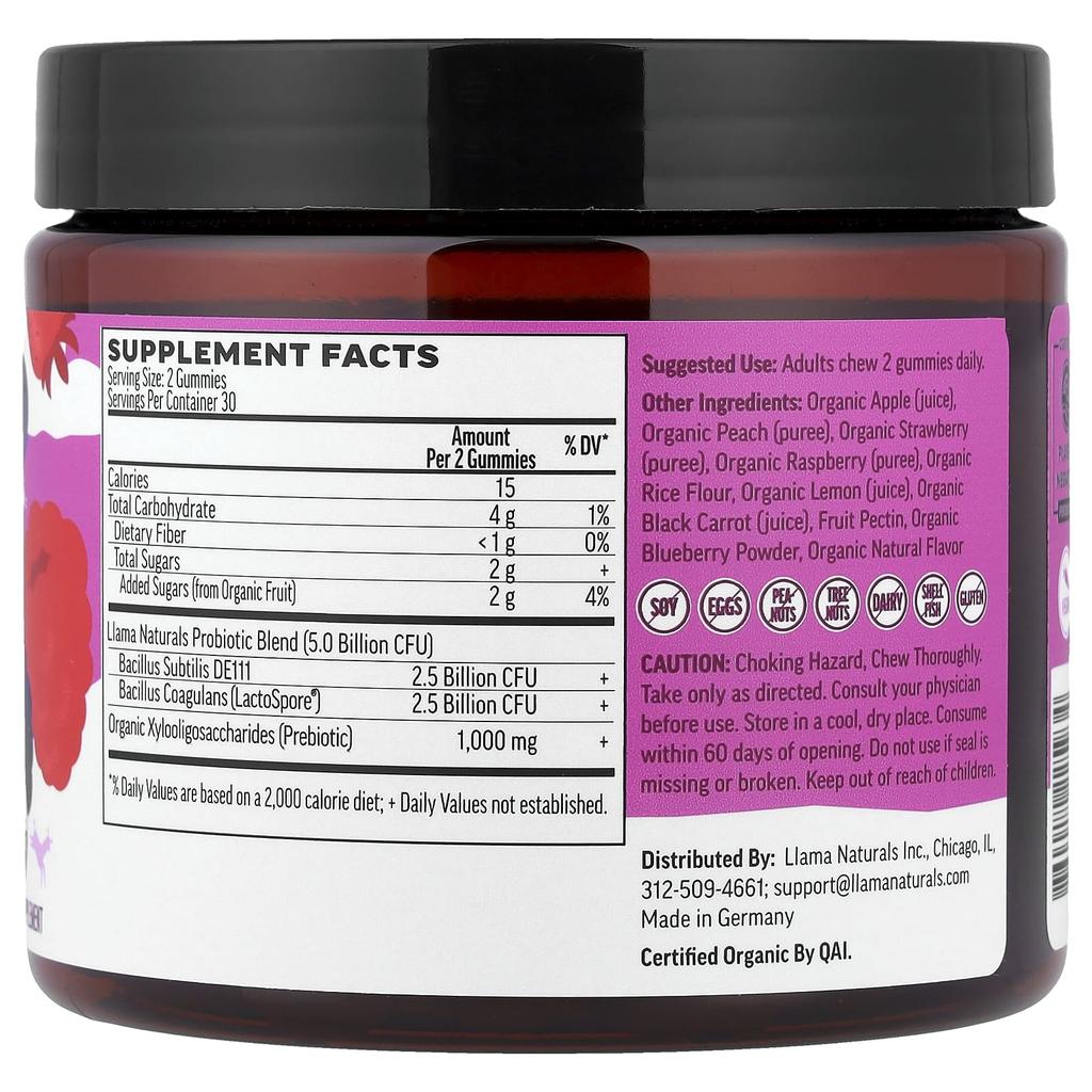 Llama Naturals, Adult Prebiotic & Probiotic, Natural Fruit Gummies, Mixed Berry, 60 Gummies