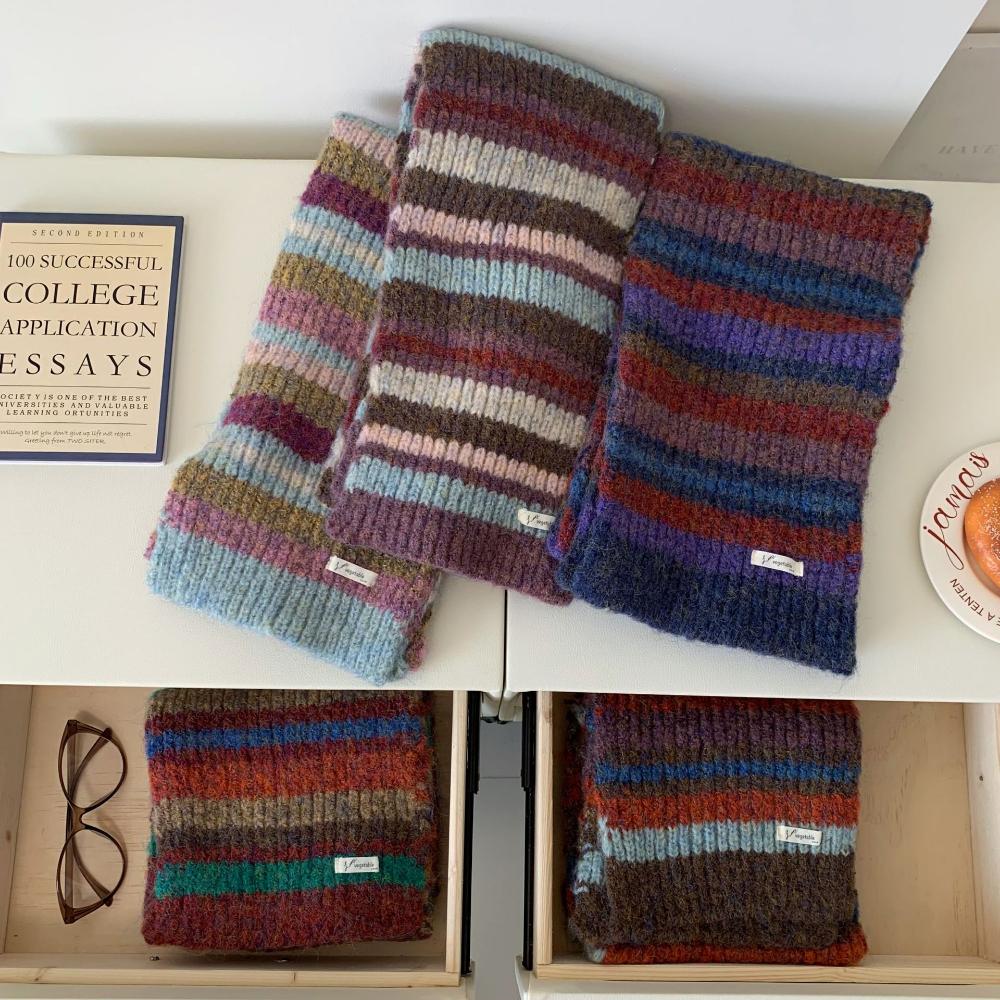 Retro Contrast Color Striped Scarf Wool Knitting Scarf For Women Autumn Winter Warm Cold-Proof Scarf Versatile Student Muffler