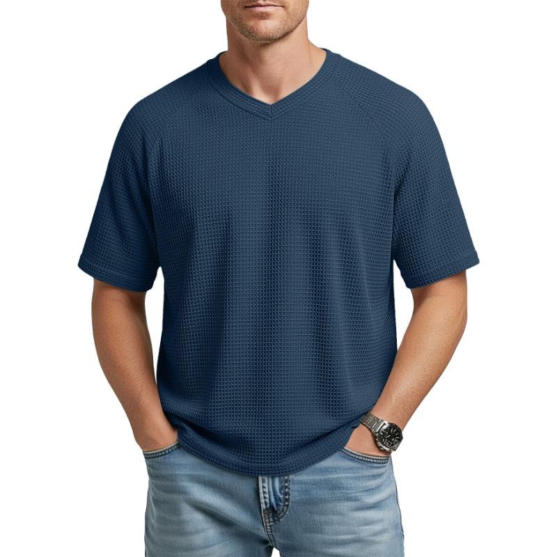 Men S V Neck Waffle Knit Raglan Short Sleeve Casual T Shirt