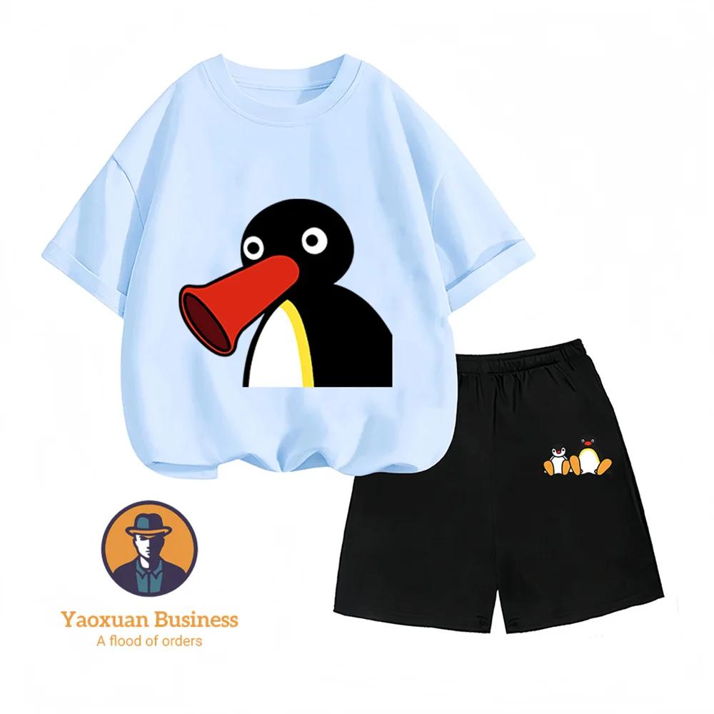 Kinder Tweestukken Set PINGU Cartoon Print Zomer Mode Hete Verkoop Jongens en Meisjes