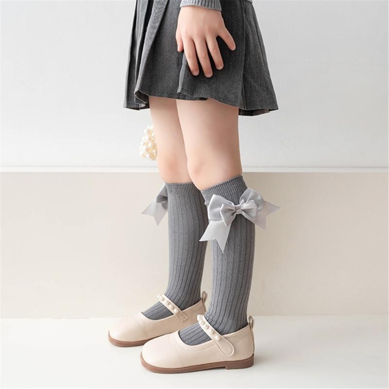 Girls Knee High Cotton Socks Big Ribbons Bow Back To School Socks, Ribbons Bows Long Socks Uniform Party Wear Stockings
