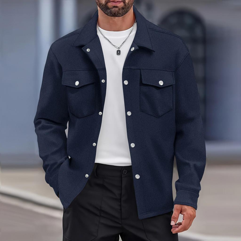 2024 Men's Casual Solid Color Single-Breasted Long-Sleeved Jacket - European & American Style.