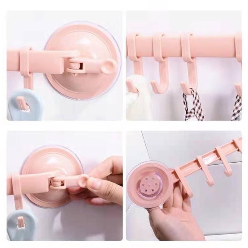 Adjustable Suction Cup Towel Rack Storage Box 6 Hooks Bathroom Kitchen Cabinet Wall Door Shelf Suction Cup Hanger