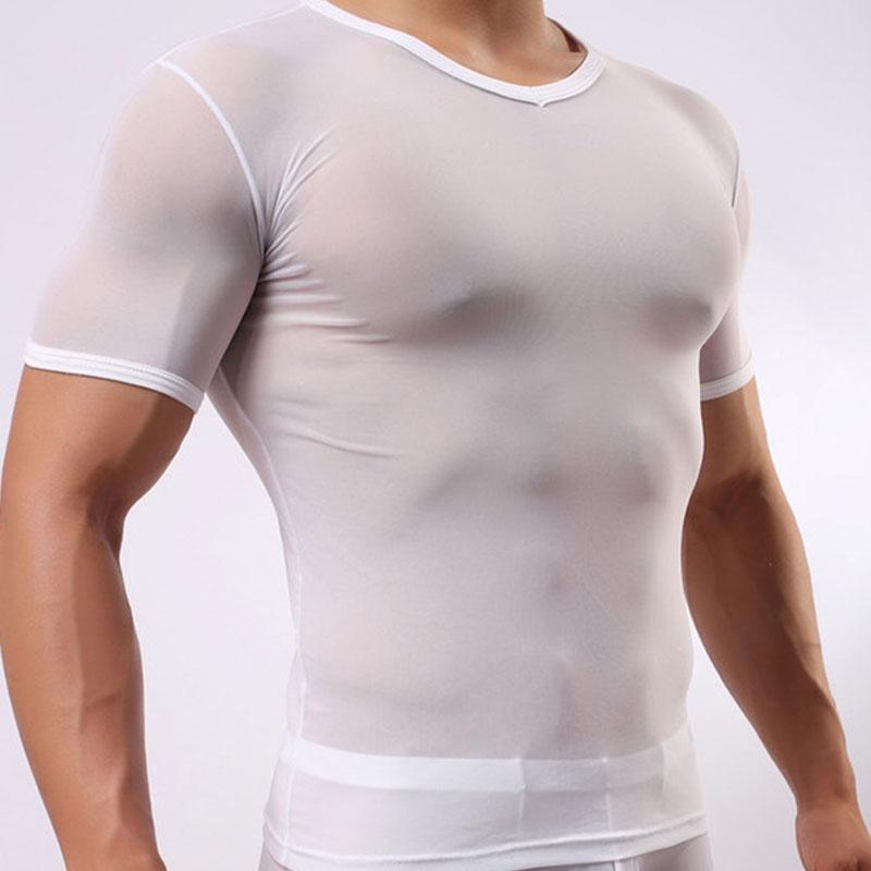 Men's Slim Fit Sexy Mesh Sheer Short Sleeve Gym Tops Chic And Stylish T-shirt