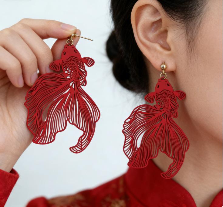 New Chinese Red Koi Ear Clips Without Ear Piercings, National Style, Festive And Exaggerated Earrings, Wedding Bride Earrings, Women
