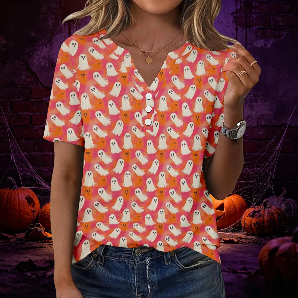 Womens Casual Halloween Print V Neck Short Sleeve Button Decor T Shirt Top Lightweight Comfortable Fit