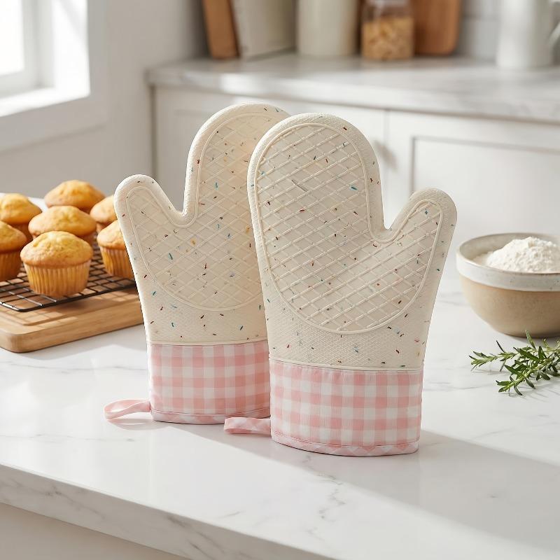 2pcs Thickened Silicone Heat-Resistant Gloves for Home Use, High-Temperature Oven Baking, Burn-Proof Insulated Gloves