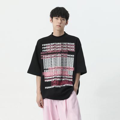 Men's Clothing New Product, American Trendy Font, Mother Color Contrasting Print Design, Round Neck Short Sleeved