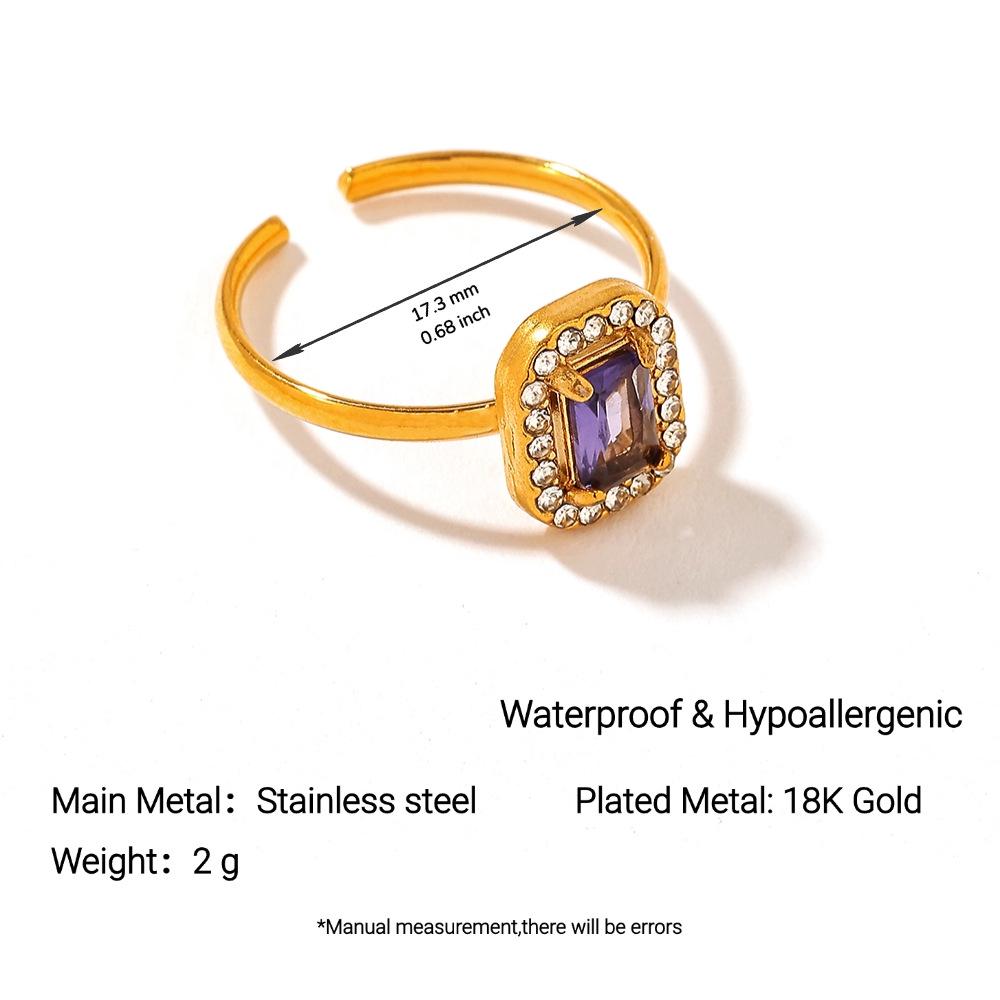 18K Gold-Plated Square Purple Zirconia Stainless Steel Ring for Women
