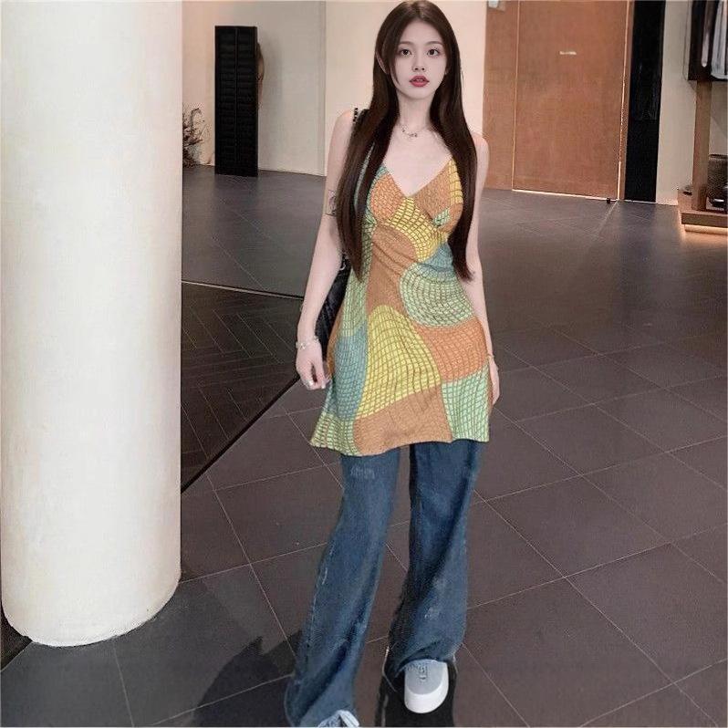 Pure desire retro vacation style suspender skirt children's summer new V-neck irregular cycle contrasting color printing dress