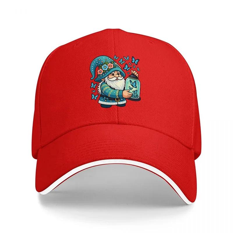 Garden Gnome Holding Blue Jar With Butterflies Baseball Cap Artistic Nature Inspired Design Black Hat With White Trim Adjustable