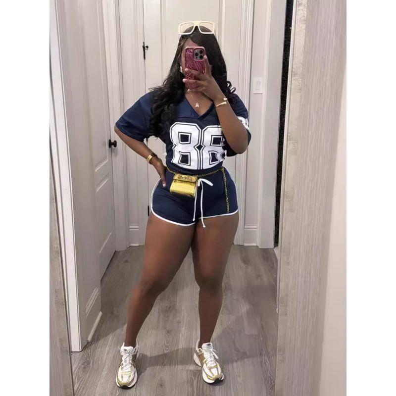 2024 Summer European and American New Loose Simple and Versatile Sports Letters Print Short sleeve Shorts Set Women clothes