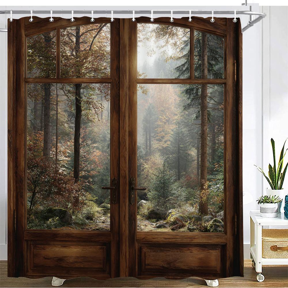 

Forest Scenery Outside The Window Shower Curtain Bath Curtain Landscape Printed Bathroom Curtains For Home Decoration Curtain W60H190(CM)-1 Pcs