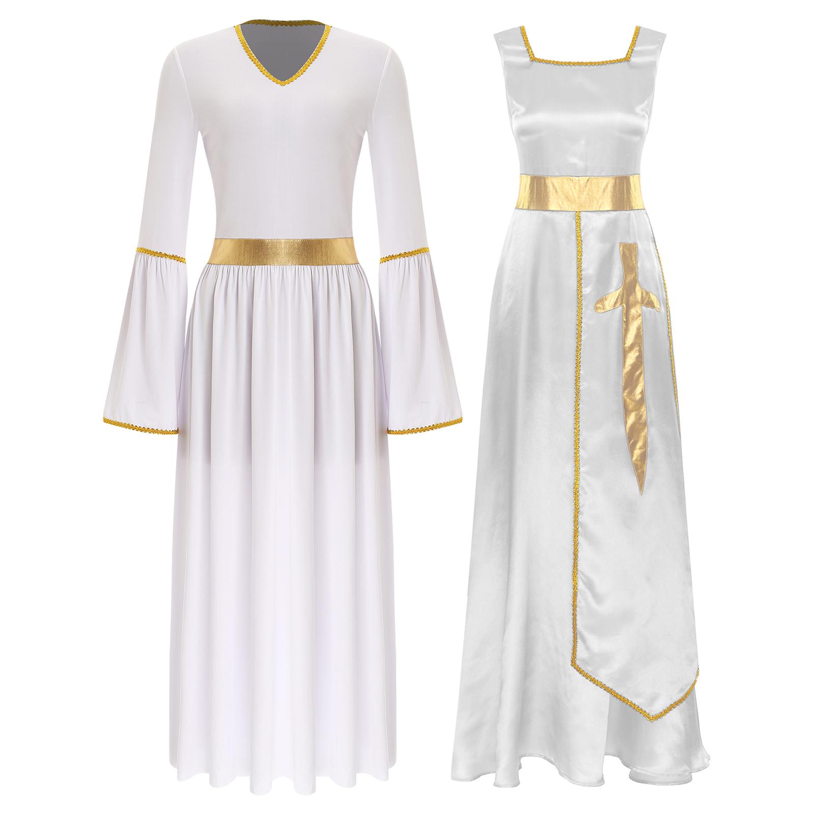 

Жіночий літургійний танцювальний костюм з квадратним вирізом без рукавів, максі-сукня для церковних богослужінь, виступів, духовних подій XL білий