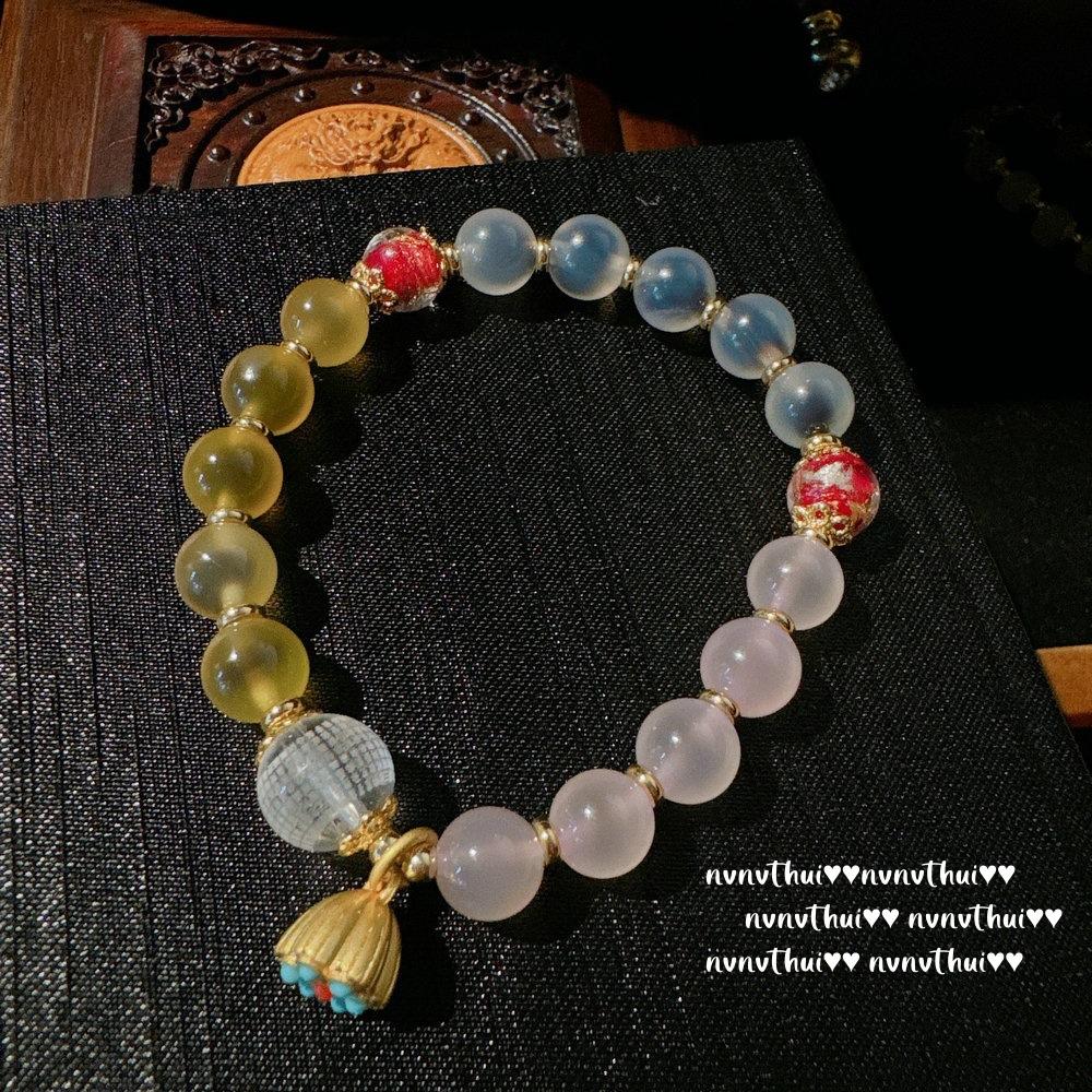 Pulseira de Gema com Fecho de Segurança de Calcedônia Branca Congelada de Lichia, Espírito da Água, Pulseira de Raiz de Lótus de Calcedônia Rosa Coração de Açúcar, Uso em Camadas