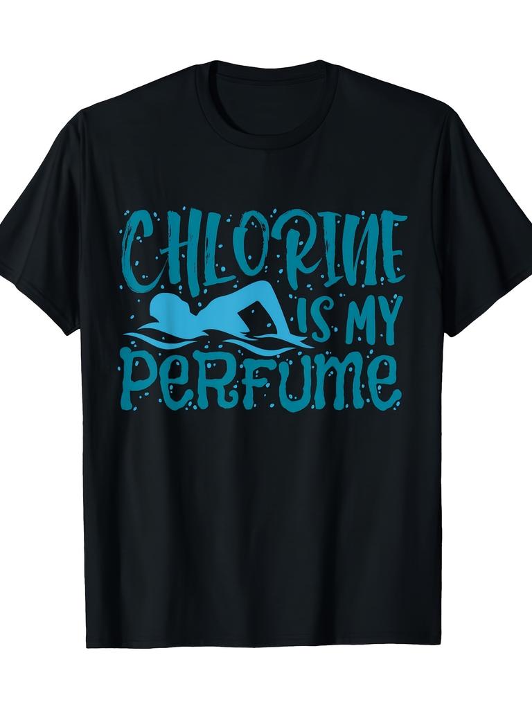 Unisex unisex T-Shirt Short Sleeve Top Blue Swimming Silhouette And Chlorine Is My Perfume with Dot Decorations Soft and Comfortable Machine Washable