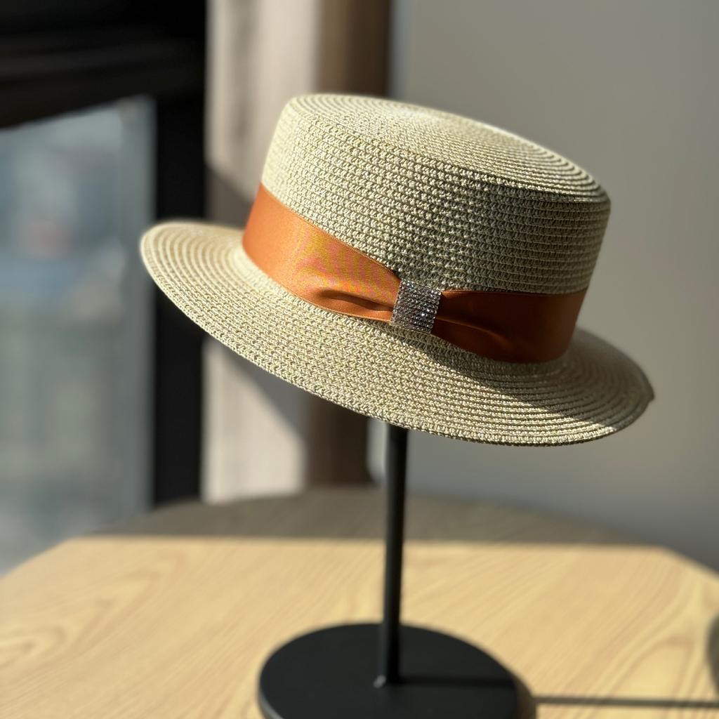 Female Elegant Top Hat French Big Head Circumference Hat Flat Top Straw Hat Seaside Vacation Sun Hat