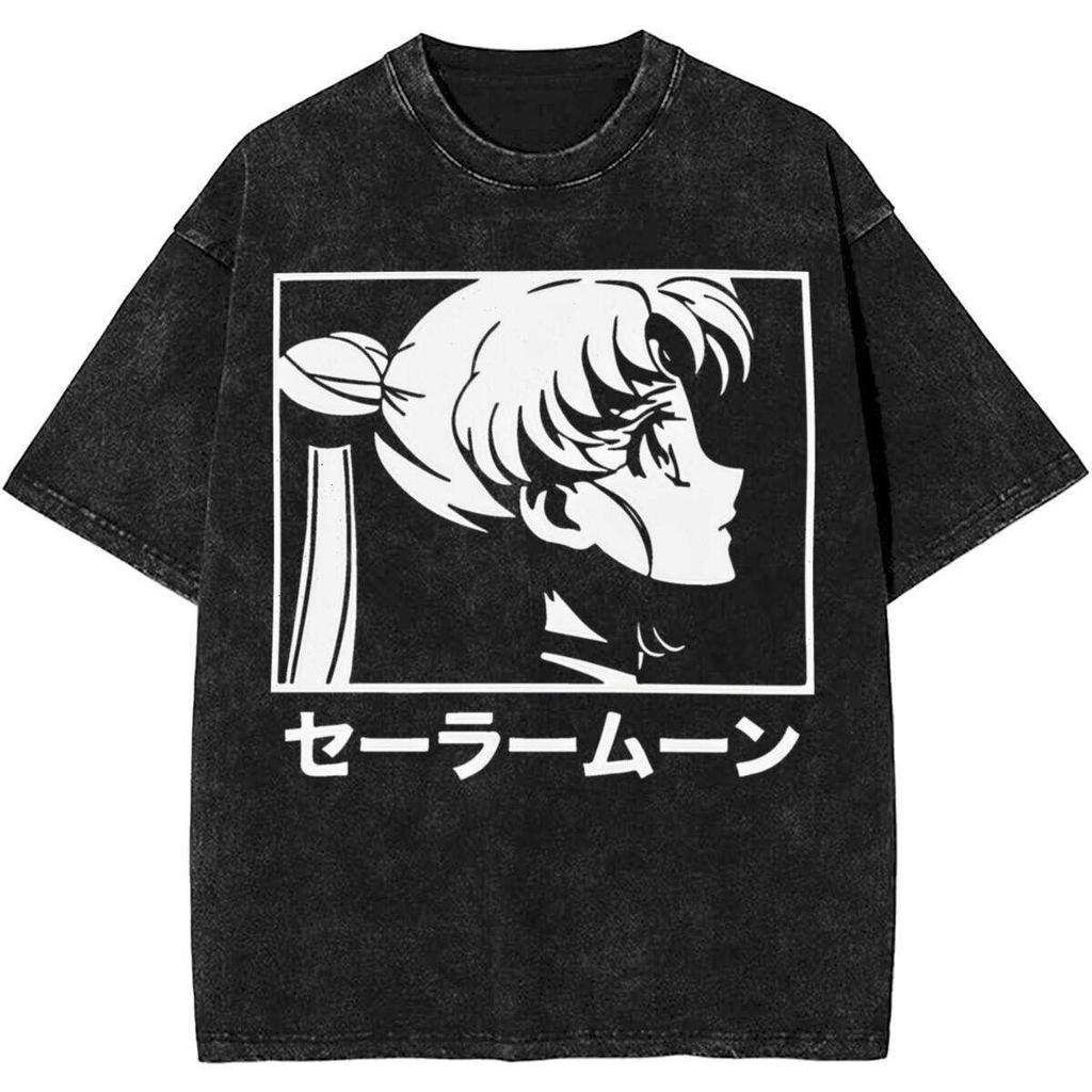 Rare Sailors Moon Summer Fashion Washed Black Cotton Pure Cotton Roundneck Shortsleeved Tshirt For Unisex