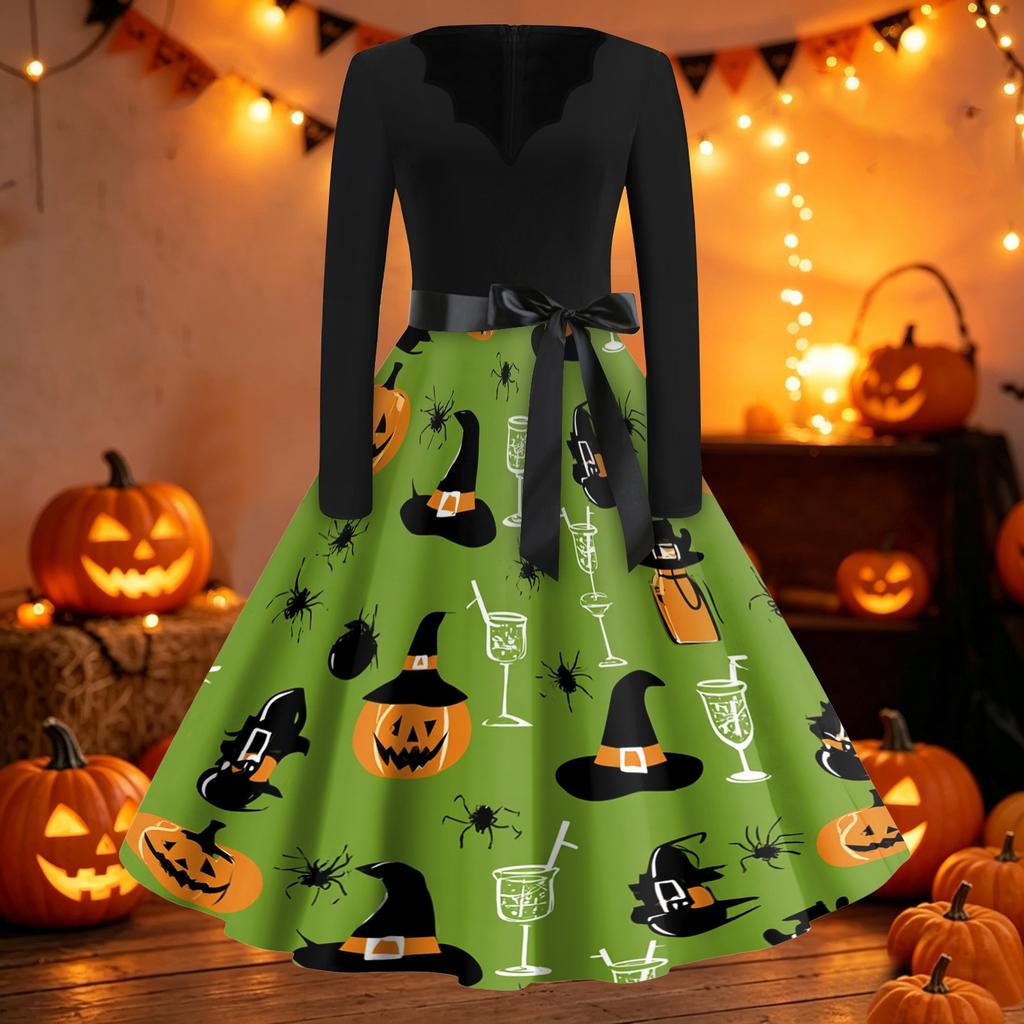 Women's Halloween Print V-Neck Vintage Dress - Casual Fashion for Party, Daily Wear and Photo Shoots