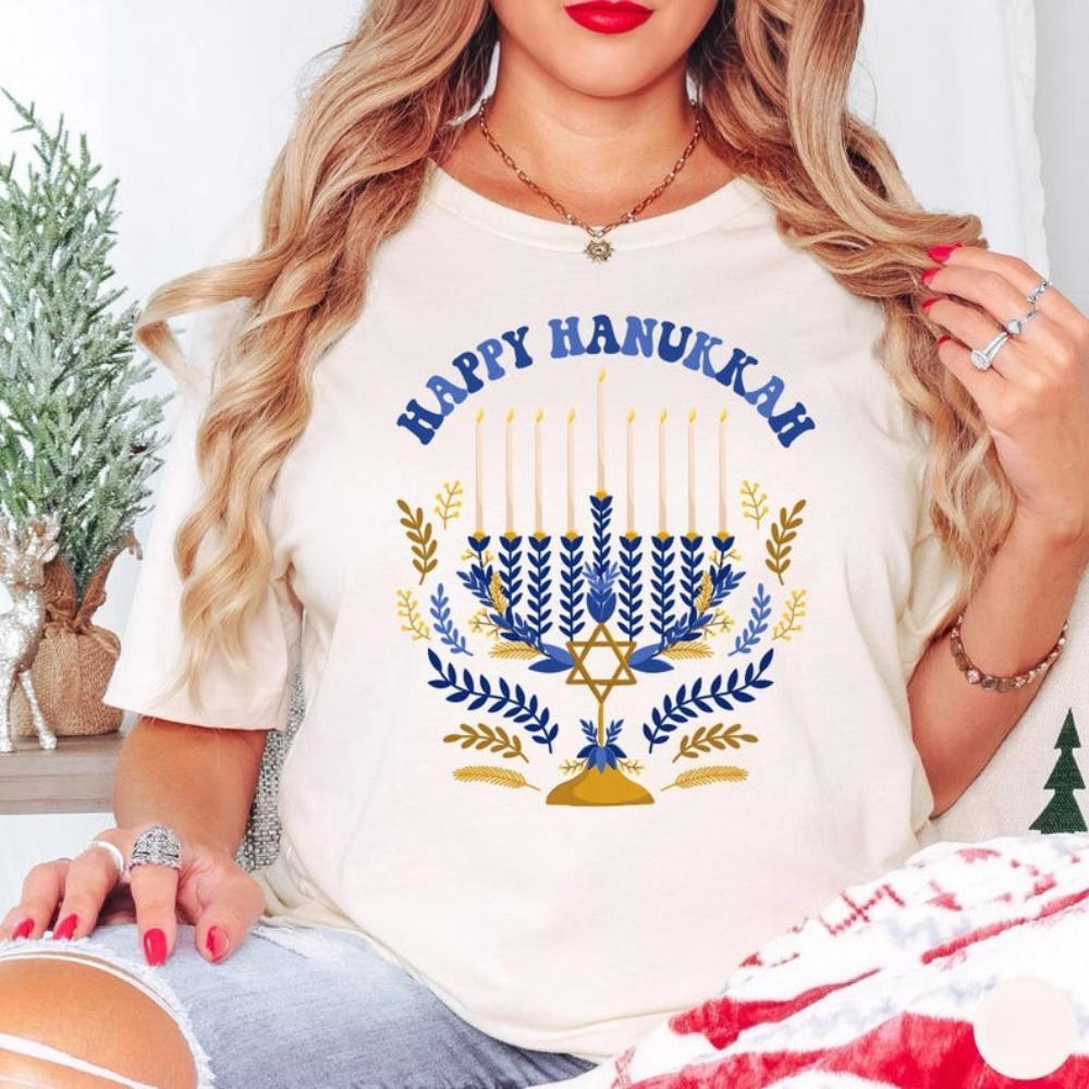 Happy Hanukkah Shirt Cute Hanukkah Tshirt Jewish Holiday Unisex Women Casual Fashion Tshirt Candelabrum Graphic Printed Tee Tops