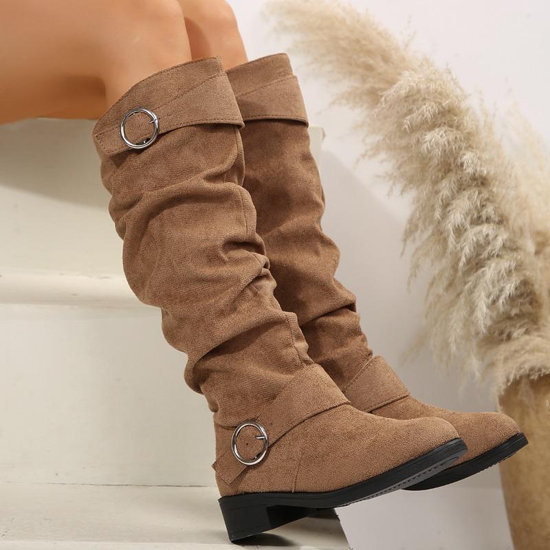New Large-sized Belt-buckle Boots for Women with Pleated Shoes, Low Heels and High Heels
