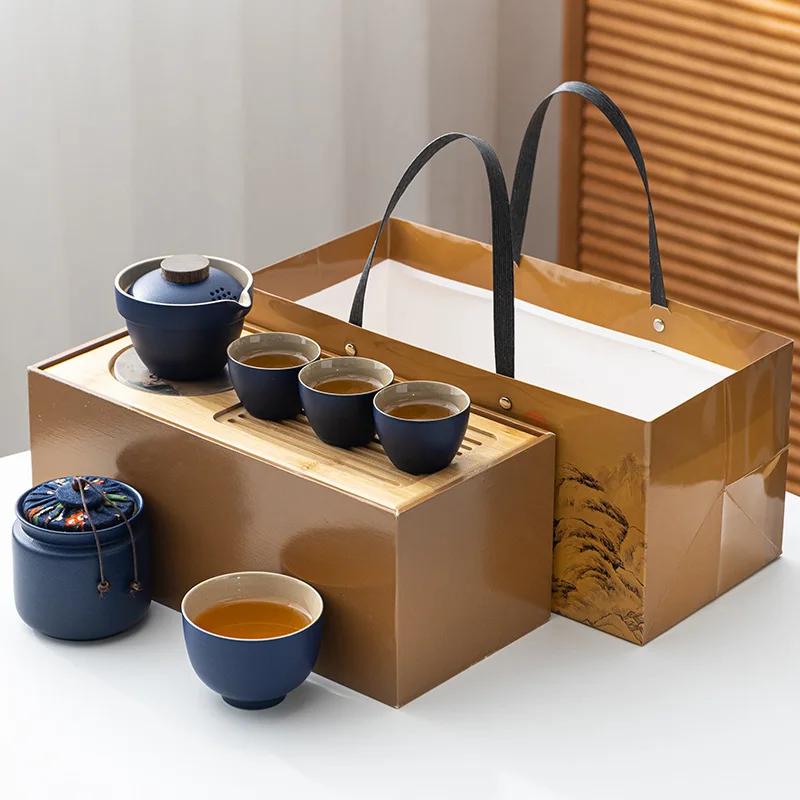 Travel tea set Kuaike cup, one pot, three cups, portable cover bowl, small set, outdoor kung fu set, tea advertising gifts
