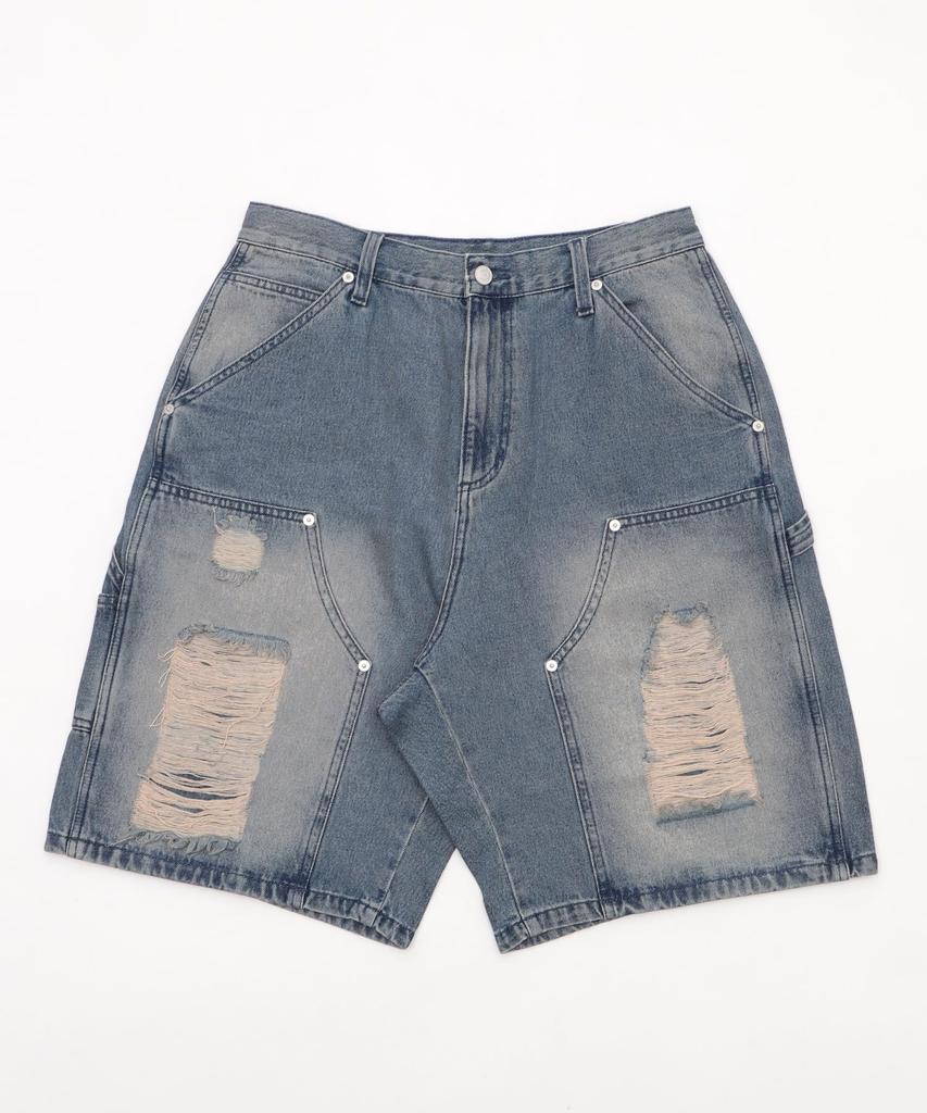 WEGO Double Knee Distressed Denim Medium Streetwear Men's Shorts, Medium, Denim,