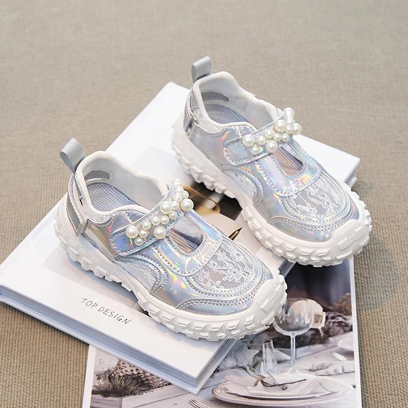 Kids Casual Shoes 2024 Spring Summer Air Mesh Breathable Girls Sneakers with Pearls Beading Bright Skin Shiny Children Shoes New
