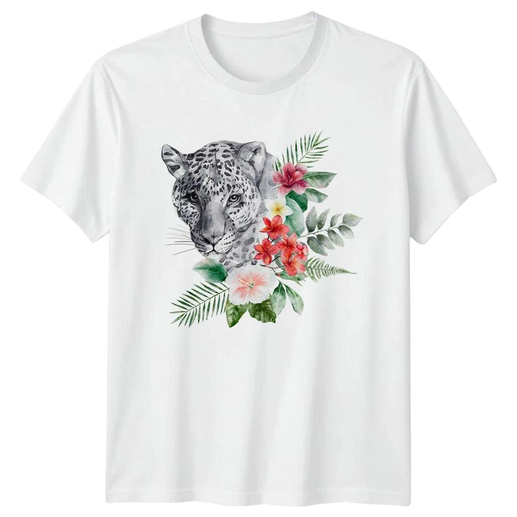 Watercolor Leopard Tropical Floral Womens T-Shirt Botanical Big Cat