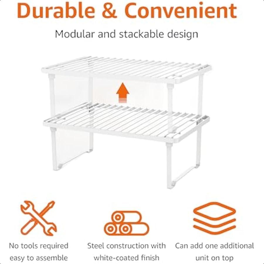 Stackable Metal Kitchen Storage Shelves Set of 2 White 12.5" L x 8" D x 4.5" H