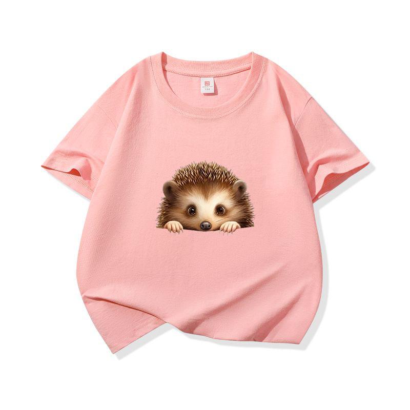 Kids Cotton T Shirt Cute Peeking Hedgehog Print Crew Neck Short Sleeve Tee Casual Breathable Boys Girls Summer Tops