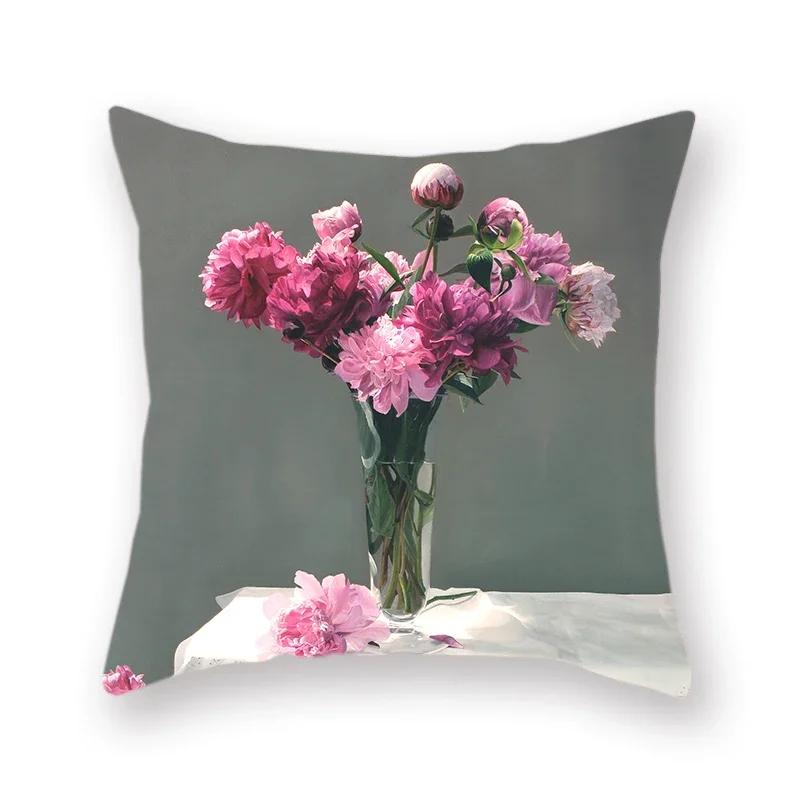 Oil Painting Flowers Vintage Vase Print Decorative Square Cushion Cover Purple Rose Home Polyester Pillowcase 45X45Cm